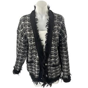 Robertson + Rodeo Women's Black Wool Tweed Fringe Knit Cardigan Sweater Top M/L